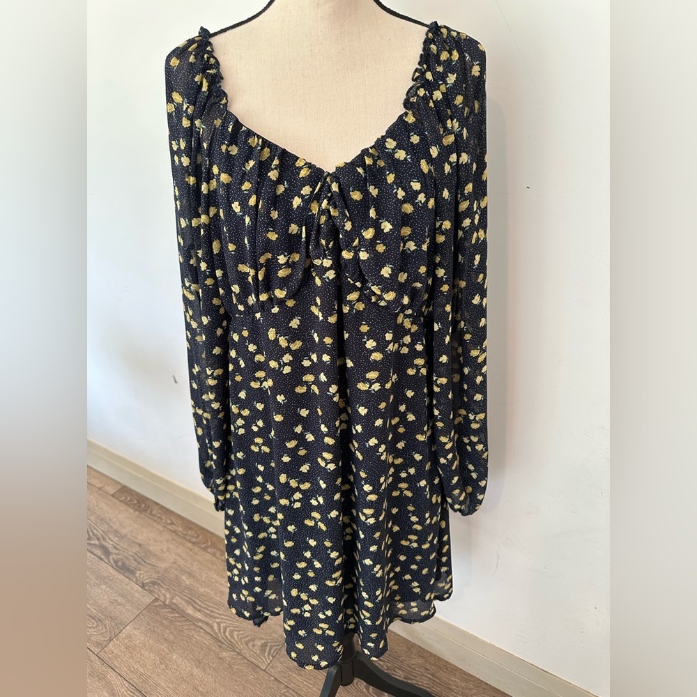 Elegant Navy Blue and Yellow Floral Dress